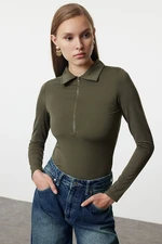 Trendyol Khaki Zipper Collar Detailed Stretchy Knitted Bodysuit with Snap Fasteners