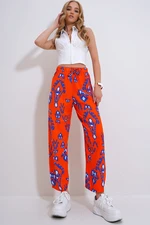 Trend Alaçatı Stili Women's Orange Elastic Waist Patterned Woven Viscose Trousers