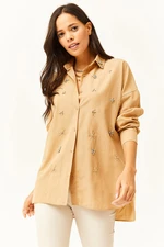 Olalook Women's Six Oval Woven Shirt with Camel Collar and Stones on the Front