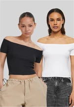 Women's Organic Off Shoulder Rib T-Shirt - 2 Pack Black+White