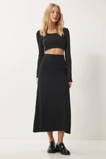 Happiness İstanbul Women's Black Ribbed Knitwear Skirt