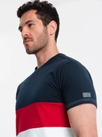 Ombre Men's tricolor T-shirt with wide stripes - navy