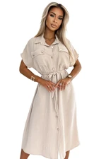 Women's midi shirt dress with gold buttons, ties and short sleeves Numoco