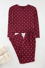 Trendyol Claret Red 100% Cotton Polka Dot and Heart Patterned Knitted Pajama Set