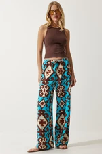 Happiness İstanbul Women's Turquoise Patterned Raw Linen Palazzo Trousers