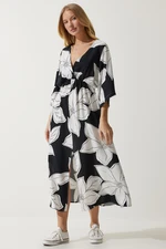 Happiness İstanbul Women's Black and White Wrapover Neck Patterned Summer Viscose Dress