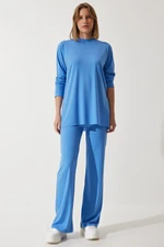 Happiness İstanbul Women's Sky Blue Corded Knitted Blouse and Trousers Set