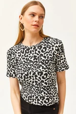 Olalook Women's Leopard White Ribbed Crop Knitted T-Shirt