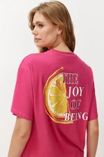 Trendyol Fuchsia Pink 100% Cotton Back and Front Printed Oversize/Comfortable Fit Knitted T-Shirt