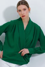 Bigdart Women's Emerald Green Double Breasted Collar Flowing Satin Blouse 0492