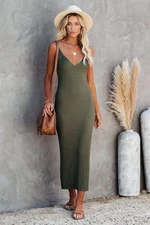 Madmext Khaki V Neck Strappy Knitwear Long Dress