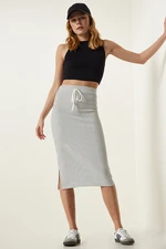 Happiness İstanbul Women's White Striped Slit Wrap Knitted Skirt