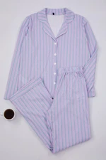 Trendyol Lilac-Multicolored 100% Cotton Striped Shirt-Pants Knitted Pajama Set