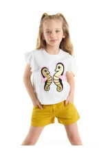 Denokids Seahorse Girl Child White Frilled T-Shirt Mustard Shorts Set