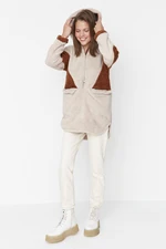 Trendyol Beige Color Block Hooded Double Pocket Plush Coat