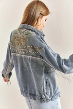 Bianco Lucci Women's Embroidered Stone Embroidered Denim Jacket