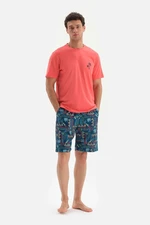 Dagi Red Crewneck Printed Pajamas Set Sixties with Woven Shorts.