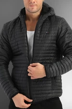 D1fference Pánský černý zimní kabát s kapucí s vnitřní podšívkou a větru