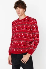 Trendyol Men's Red Regular Fit Crew Neck Christmas Jacquard Knitwear Sweater