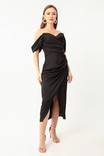 Lafaba Women's Black Boat Neck Draped Midi Evening Dress