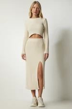 Happiness İstanbul Women's Cream Ribbed Crop Skirt Knitwear Suit