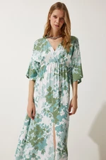 Happiness İstanbul Women's Almond Green Wrapover Neck Patterned Summer Viscose Dress