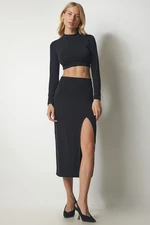 Happiness İstanbul Women's Black Sandy Stand-Up Collar Crop Skirt Suit