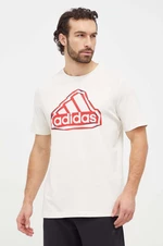 Bavlněné tričko adidas béžová barva, s potiskem, IS2882