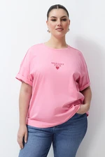 Trendyol Curve Pink Printed Oversize 100% Cotton Knitted T-shirt