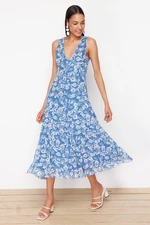 Trendyol Blue Floral Printed V-Neck Knitted Dress