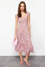 Trendyol Lilac Floral Print Square Collar A-line Viscose Midi Woven Dress