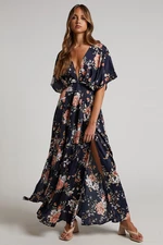 Madmext Navy Blue Patterned Long Dress With Slit Detail