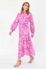 Trendyol Pink Belted Woven Lined Chiffon Floral Dress