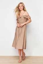 Trendyol Mink Straight Cut Carmen Collar Linen Look Maxi Woven Dress