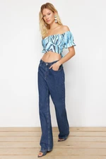 Trendyol Blue Crop Off Shoulder Patterned Woven Blouse