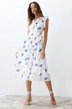 Trendyol White Belted A-line Double-breasted Collar Midi Woven Dress