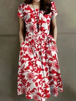 Flower Print Drawstring Pocket Short Sleeve Midi Dress