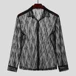 Men Mesh Tops See Through Jacquard Long Sleeve Shirt