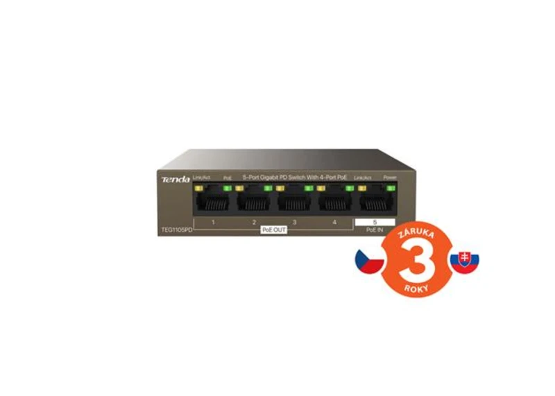 Tenda TEG1105PD 5port PD Gigabit Switch,1x PoE In, 4x PoE Out 802.3af 10/100/1000Mbps